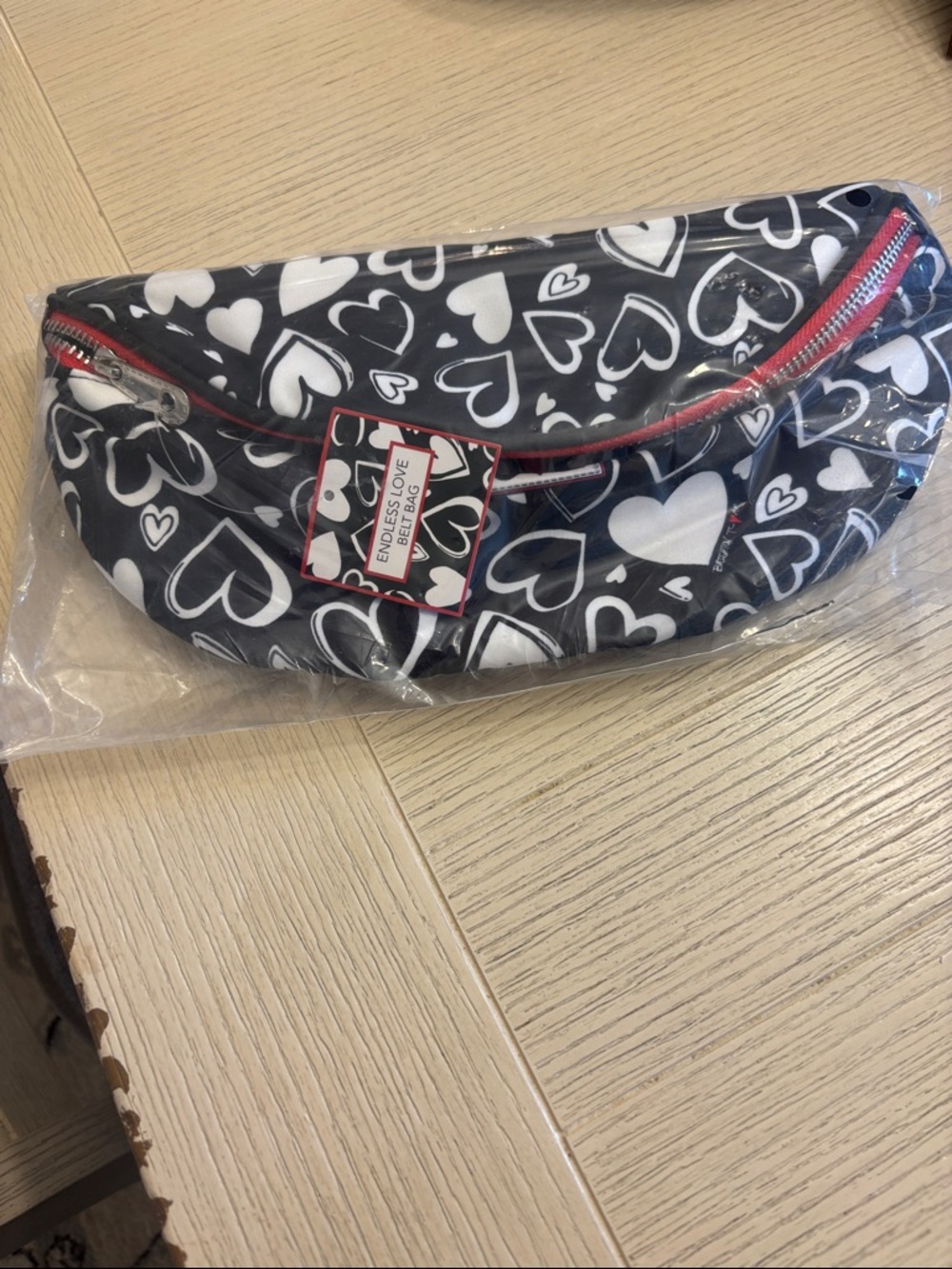 Brighton Black and White Heart Print belt bag  with Red Trim